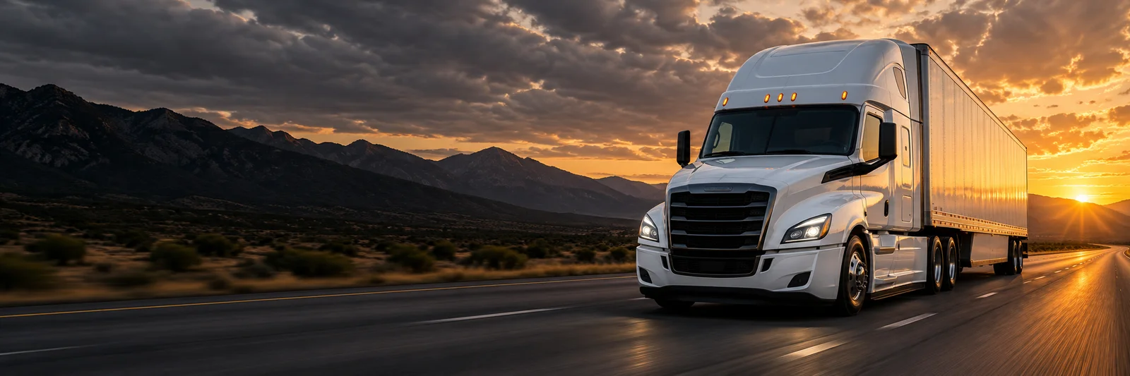 White semi-truck on a highway at sunset