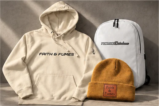 Reference apparel montage: cream Faith and Fumes hoodie, Positive Disturbance backpack, and mustard beanie